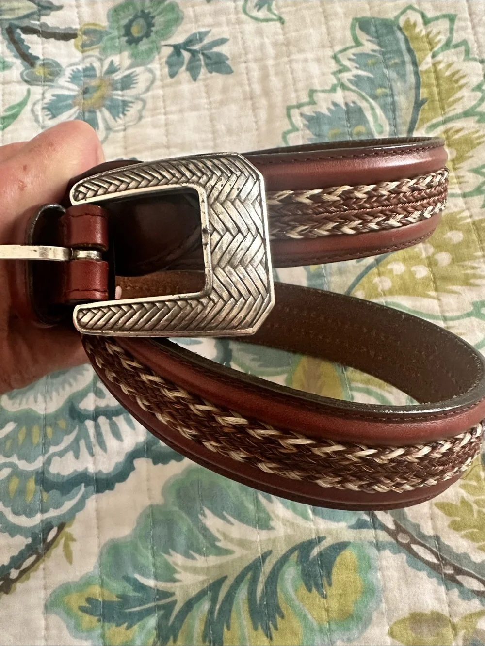Brighton Brown Braided Leather Belt with Engraved Silver Buckle